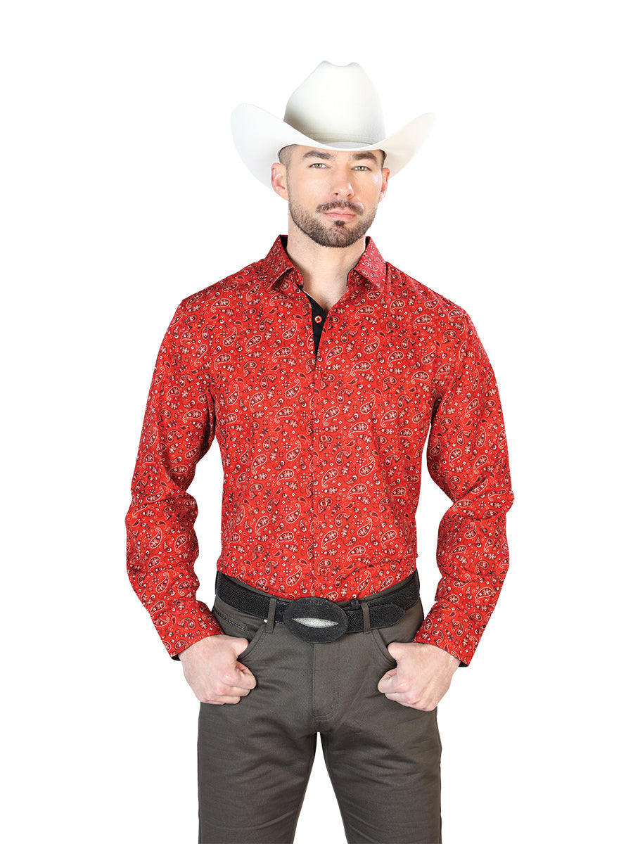 Camisa Vaquera Manga Larga Estampada Cachemir Rojo para Hombre 'El Señor de los Cielos' - ID: 43716 Camisas Estampadas El Señor de los Cielos Red