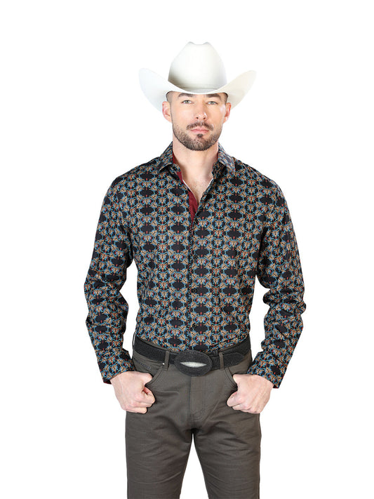 Camisa Vaquera Manga Larga Estampada Negro/Oro para Hombre 'El Señor de los Cielos' - ID: 43717 Camisas Estampadas El Señor de los Cielos Black/Gold