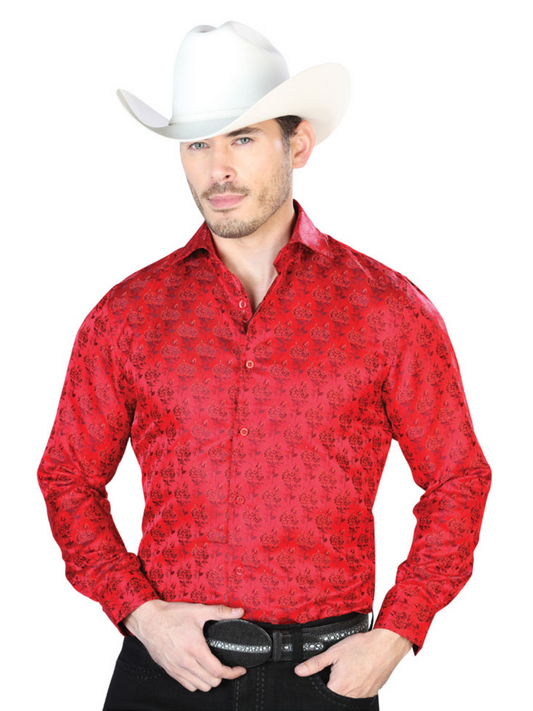 Camisa Vaquera Manga Larga Jacquard Estampada Floral Rojo para Hombre 'Centenario' - ID: 43739 Camisas Florales Centenario Red