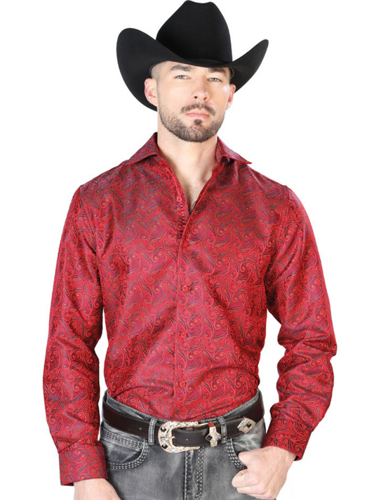 Camisa Vaquera Manga Larga Jacquard Estampada Cachemir Rojo para Hombre 'Centenario' - ID: 43740 Western Shirt Centenario Red