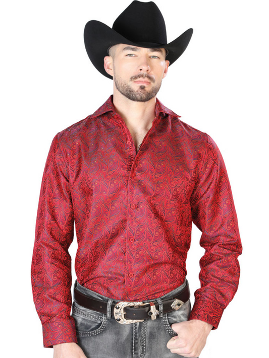 Camisa Vaquera Manga Larga Jacquard Estampada Cachemir Rojo para Hombre 'Centenario' - ID: 43740 Camisas Estampadas Centenario Red