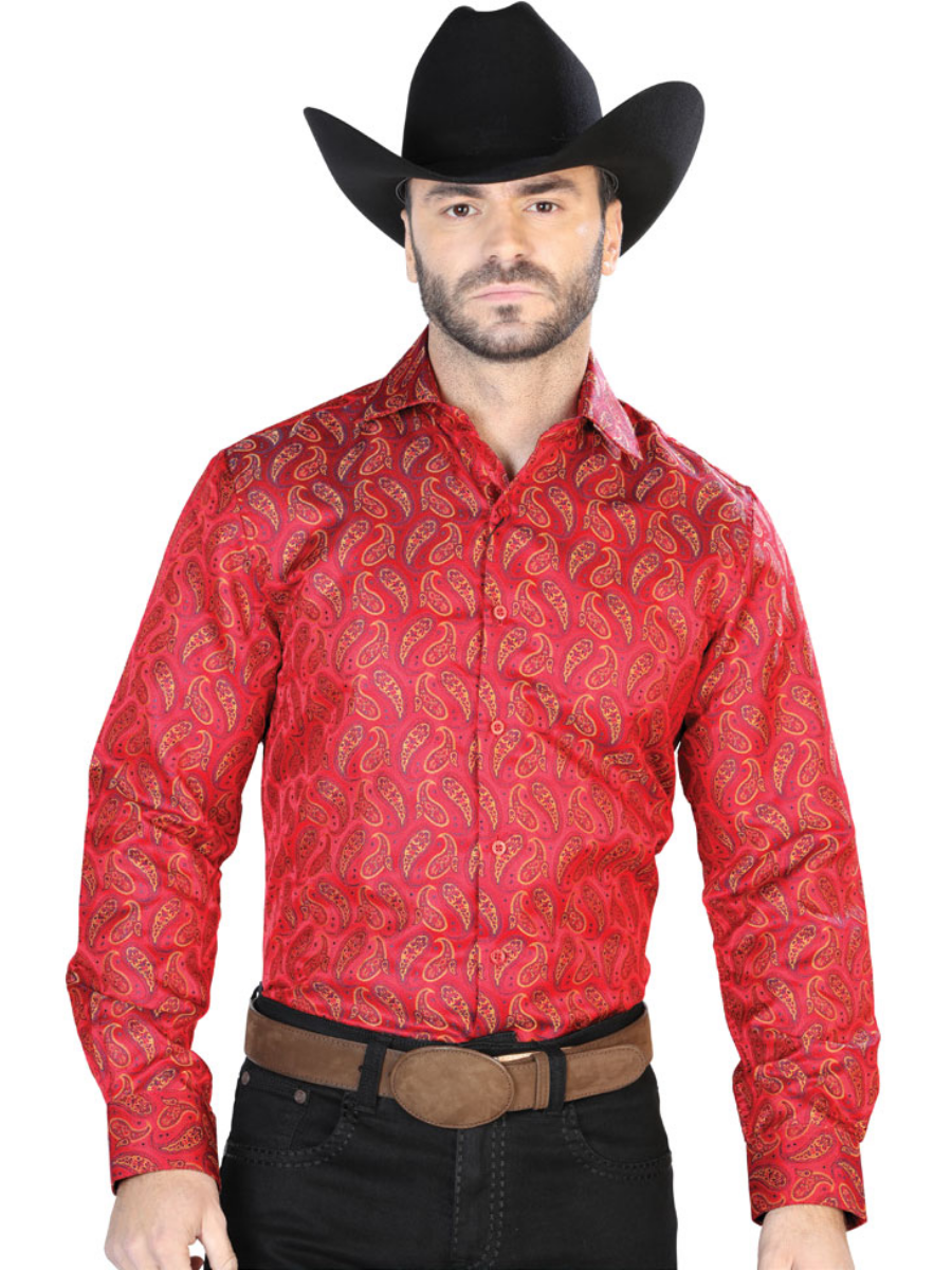 Camisa Vaquera Manga Larga Jacquard Estampada Cachemir Rojo para Hombre 'Centenario' - ID: 43741 Camisas Estampadas Centenario Red