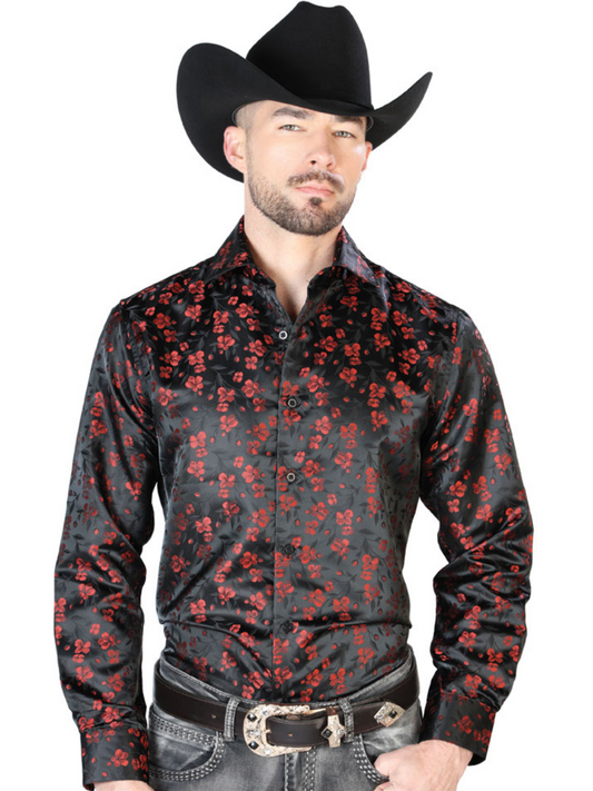 Camisa Vaquera Manga Larga Jacquard Estampada Floral Negro/Rojo para Hombre 'Centenario' - ID: 43742 Camisas Florales Centenario Black/Red