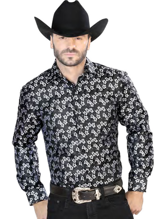 Camisa Vaquera Manga Larga Jacquard Estampada Floral Negro para Hombre 'Centenario' - ID: 43744 Camisas Florales Centenario Black