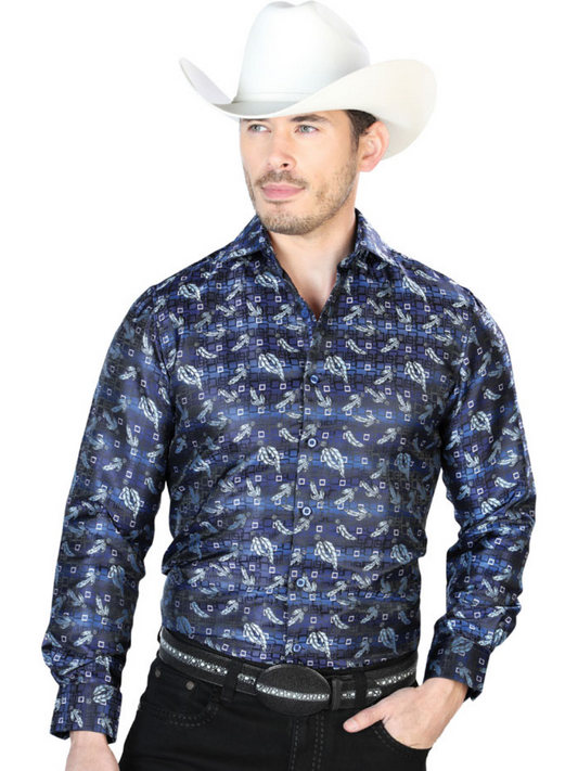Camisa Vaquera Manga Larga Jacquard Estampada Cachemir Azul para Hombre 'Centenario' - ID: 43747 Western Shirt Centenario Blue