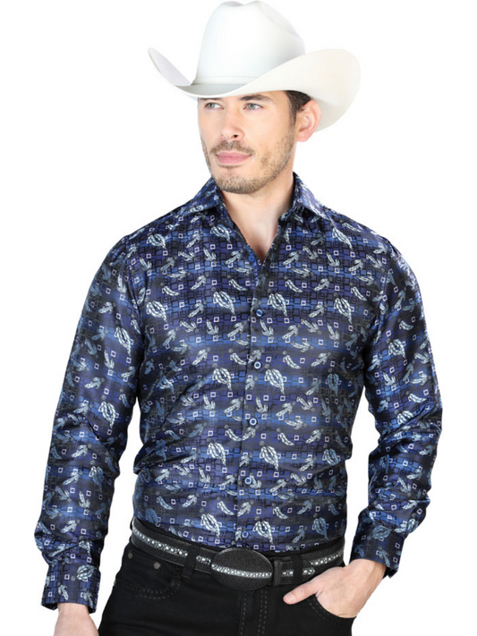 Camisa Vaquera Manga Larga Jacquard Estampada Cachemir Azul para Hombre 'Centenario' - ID: 43747 Camisas Estampadas Centenario Blue