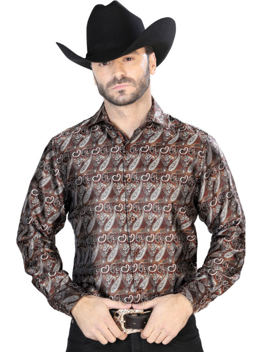 Camisa Vaquera Manga Larga Jacquard Estampada Cachemir Cafe para Hombre 'Centenario' - ID: 43751 Camisas Estampadas Centenario Brown