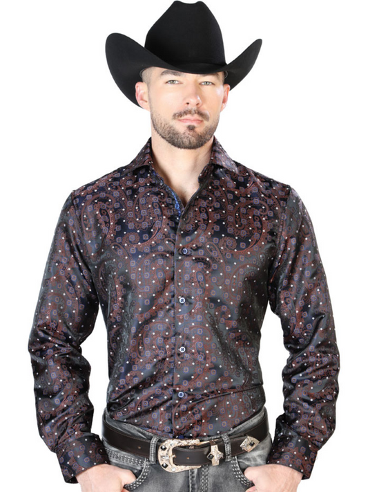 Camisa Vaquera Manga Larga Jacquard Estampada Cachemir Azul para Hombre 'Centenario' - ID: 43752 Camisas Estampadas Centenario Blue