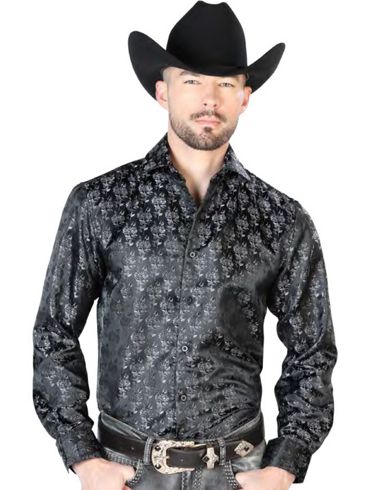 Camisa Vaquera Manga Larga Jacquard Estampada Floral Negro para Hombre 'Centenario' - ID: 43753 Camisas Florales Centenario Black