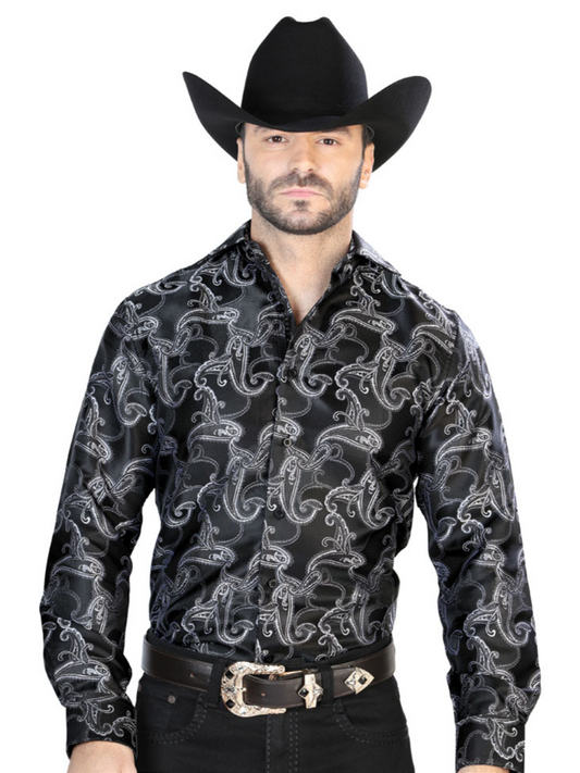 Camisa Vaquera Manga Larga Jacquard Estampada Cachemir Negro para Hombre 'Centenario' - ID: 43754 Camisas Estampadas Centenario Black