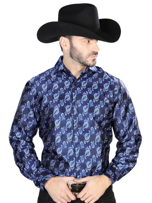 Camisa Vaquera Manga Larga Jacquard Estampada Cachemir Azul para Hombre 'Centenario' - ID: 43755 Camisas Estampadas Centenario Blue