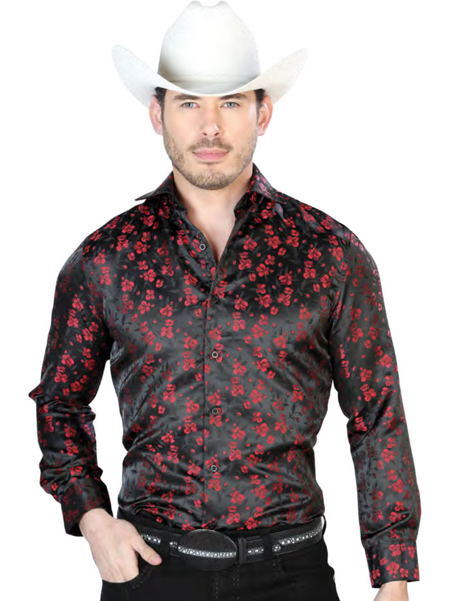 Camisa Vaquera Manga Larga Jacquard Estampada Floral Negro/Rojo para Hombre 'Centenario' - ID: 43756 Camisas Florales Centenario Black/Red