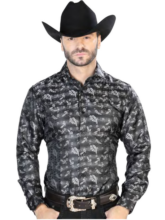 Camisa Vaquera Manga Larga Jacquard Estampada Cachemir Negro para Hombre 'Centenario' - ID: 43758 Camisas Estampadas Centenario Black