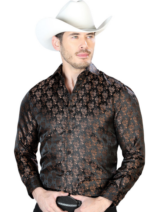 Camisa Vaquera Manga Larga Jacquard Estampada Floral Negro/Cafe para Hombre 'Centenario' - ID: 43759 Camisas Florales Centenario Black/Brown