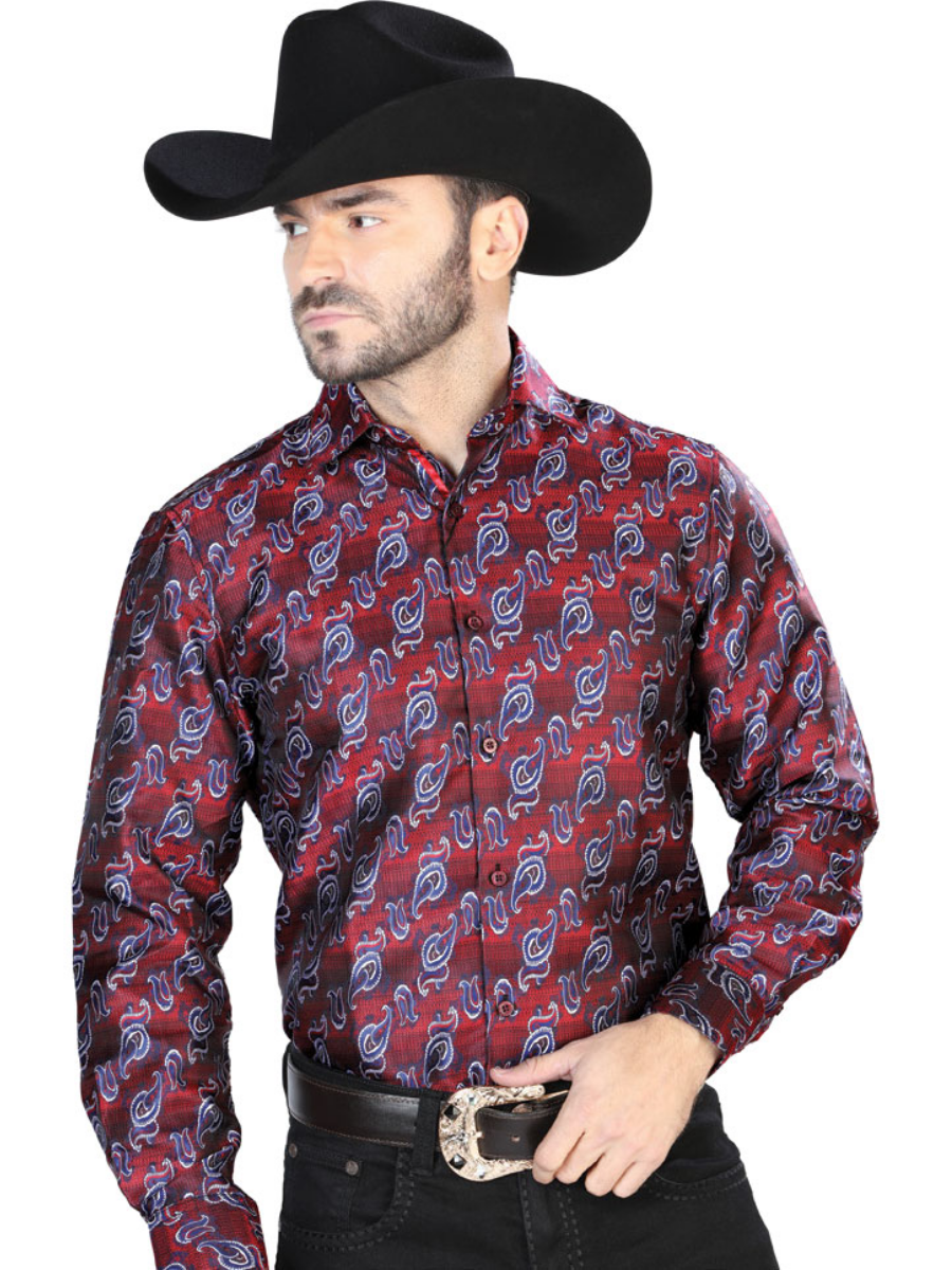 Camisa Vaquera Manga Larga Jacquard Estampada Cachemir Rojo/Azul para Hombre 'Centenario' - ID: 43761 Camisas Estampadas Centenario Red/Blue