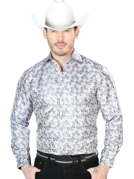 Camisa Vaquera Manga Larga Jacquard Estampada Floral Gris para Hombre 'Centenario' - ID: 43762 Camisas Florales Centenario Gray