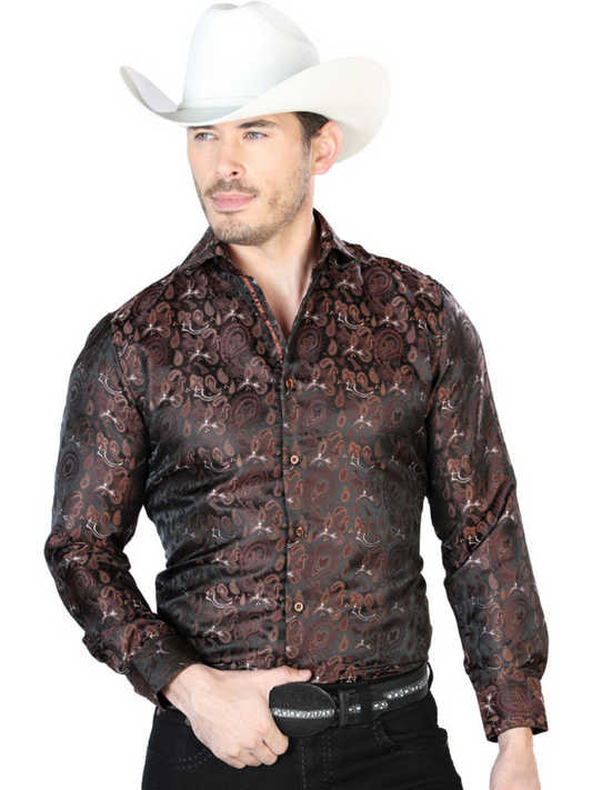 Camisa Vaquera Manga Larga Jacquard Estampada Cachemir Cafe para Hombre 'Centenario' - ID: 43763 Camisas Estampadas Centenario Brown