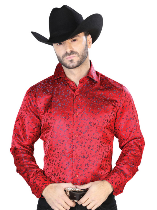 Camisa Vaquera Manga Larga Jacquard Estampada Floral Rojo/Azul para Hombre 'Centenario' - ID: 43764 Camisas Florales Centenario Red/Blue