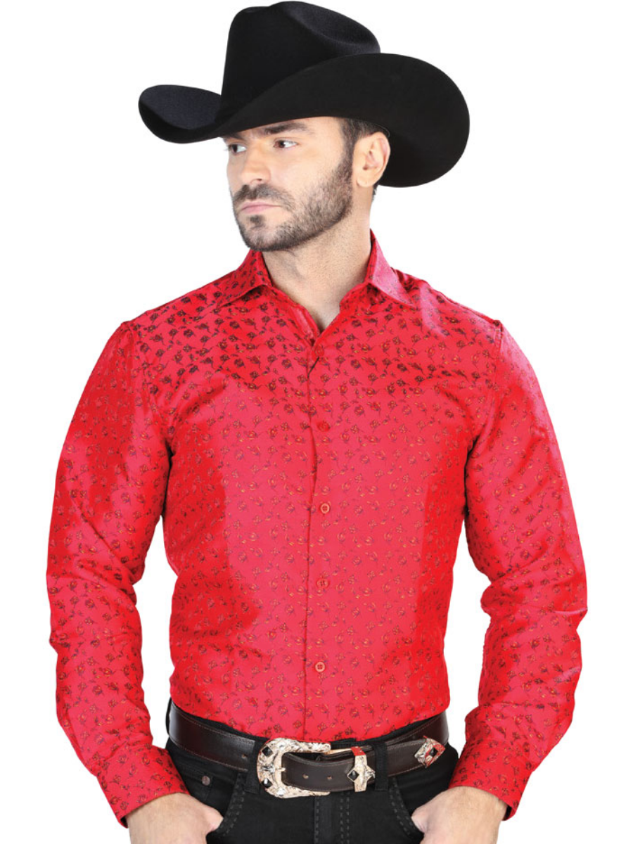 Camisa Vaquera Manga Larga Jacquard Estampada Rojo para Hombre 'Centenario' - ID: 43765 Camisas Estampadas Centenario Red