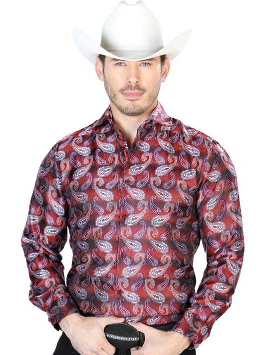 Camisa Vaquera Manga Larga Jacquard Estampada Cachemir Rojo/Azul para Hombre 'Centenario' - ID: 43766 Camisas Estampadas Centenario Red/Blue