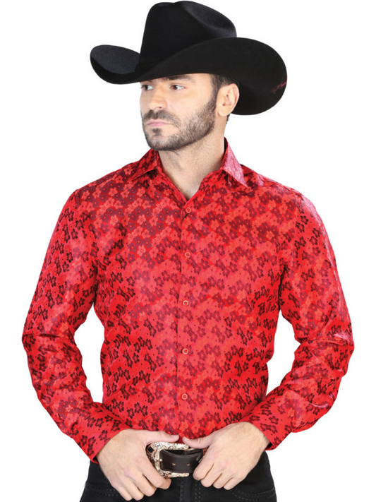 Camisa Vaquera Manga Larga Jacquard Estampada Floral Rojo para Hombre 'Centenario' - ID: 43767 Camisas Florales Centenario Red