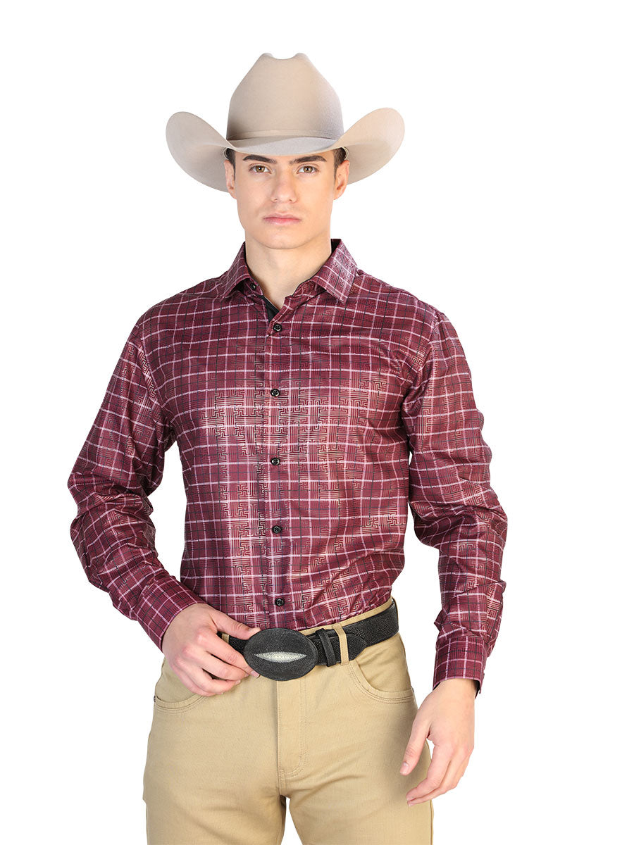 Camisa Vaquera Manga Larga Estampada Cuadros Vino para Hombre 'El Señor de los Cielos' - ID: 43779 Camisas de Cuadros El Señor de los Cielos Wine