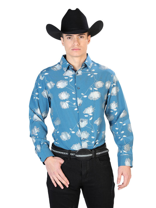 Camisa Vaquera Manga Larga Estampada Floral Azul Marino para Hombre 'El Señor de los Cielos' - ID: 43787 Western Shirt El Señor de los Cielos Navy Blue