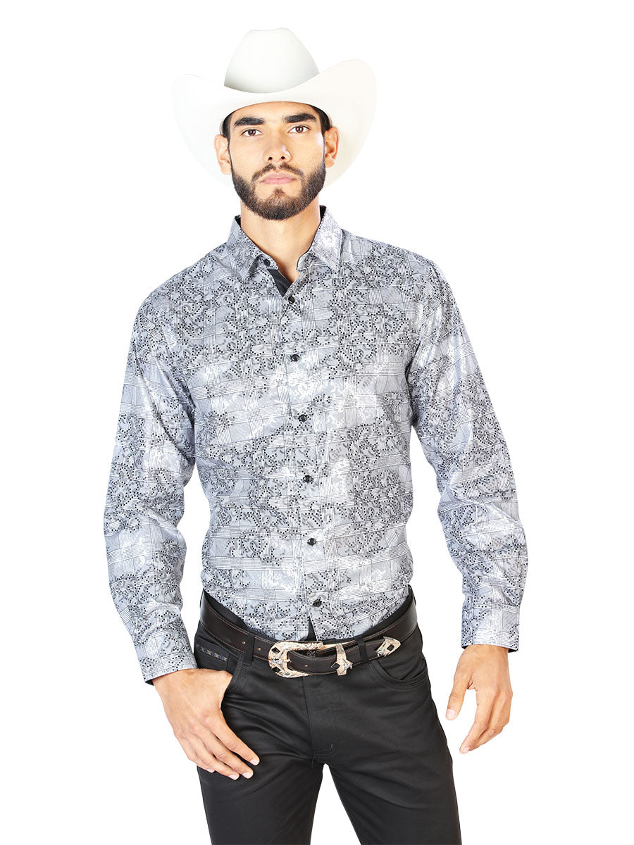 Camisa Vaquera Manga Larga Estampada Arena para Hombre 'El Señor de los Cielos' - ID: 43788 Camisas Estampadas El Señor de los Cielos Sand