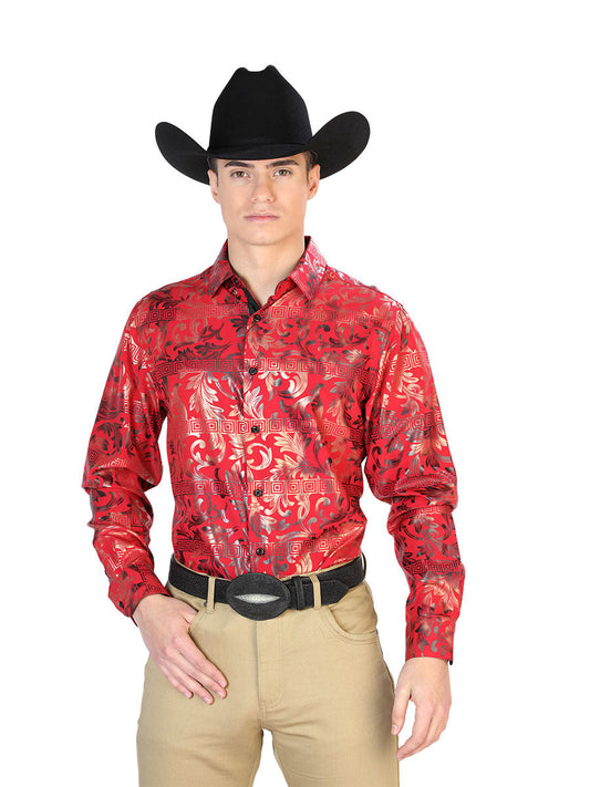 Camisa Vaquera Manga Larga Estampada Vino para Hombre 'El Señor de los Cielos' - ID: 43796 Western Shirt El Señor de los Cielos Wine