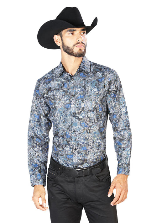 Camisa Vaquera Manga Larga Estampada Cachemir Gris para Hombre 'El Señor de los Cielos' - ID: 43803 Camisas Estampadas El Señor de los Cielos Gray