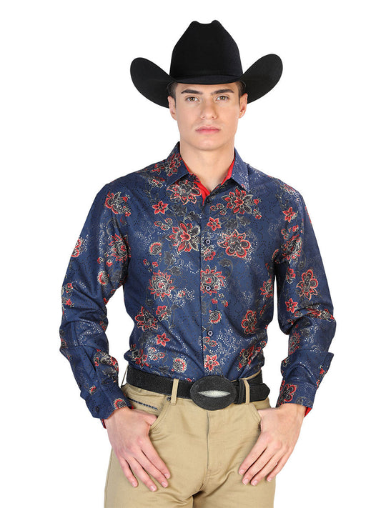 Camisa Vaquera Manga Larga Estampada Floral Azul para Hombre 'El Señor de los Cielos' - ID: 43808 Camisas Florales El Señor de los Cielos Blue