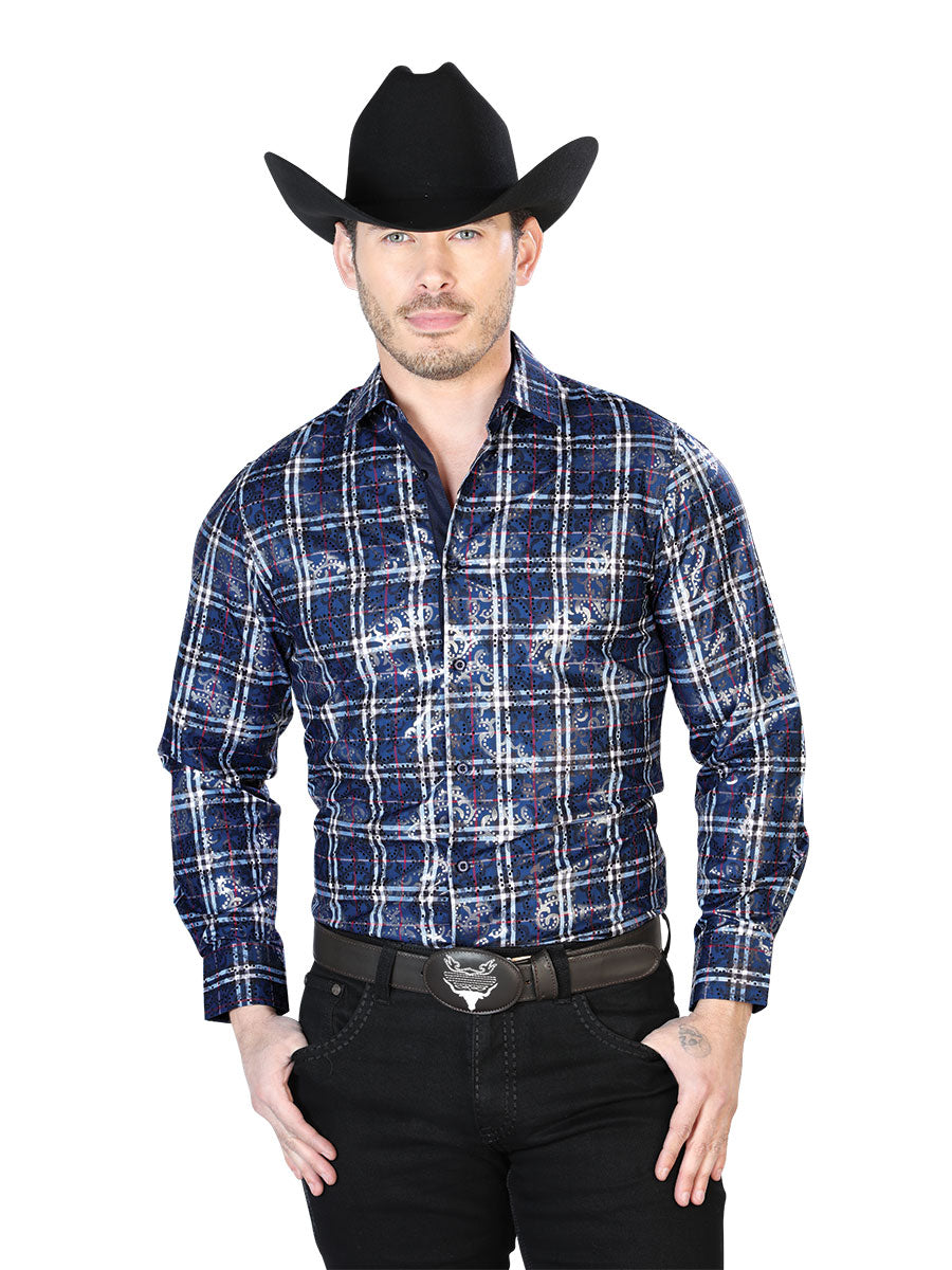 Camisa Vaquera Manga Larga Estampada Cuadros Azul para Hombre 'El Señor de los Cielos' - ID: 43821 Camisas de Cuadros El Señor de los Cielos Blue