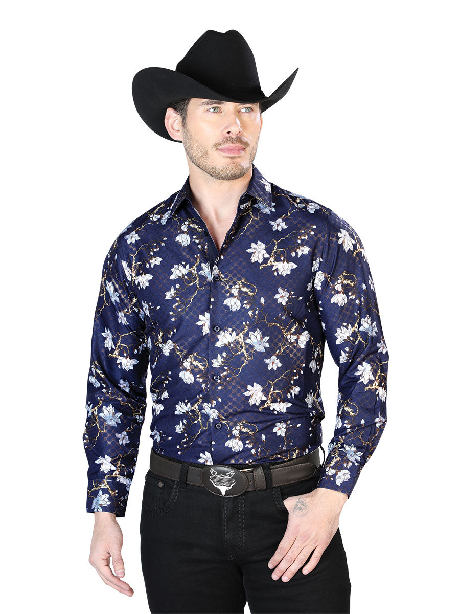 Camisa Vaquera Manga Larga Estampada Floral Azul Marino para Hombre 'El Señor de los Cielos' - ID: 43822 Camisas Florales El Señor de los Cielos Navy Blue