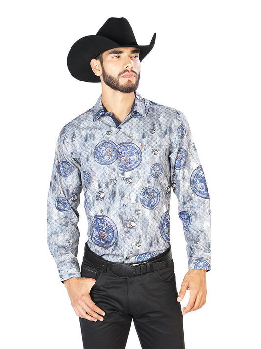 Camisa Vaquera Manga Larga Estampada Gris/Azul para Hombre 'El Señor de los Cielos' - ID: 43823 Camisas Estampadas El Señor de los Cielos Gray/Blue