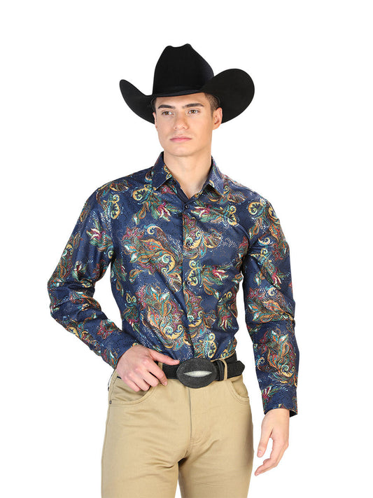 Camisa Vaquera Manga Larga Estampada Cachemir Azul/Multicolor para Hombre 'El Señor de los Cielos' - ID: 43827 Camisas Estampadas El Señor de los Cielos Blue/Multicolor