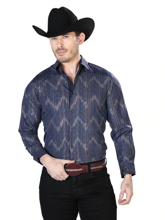 Camisa Vaquera Manga Larga Estampada Azul Marino para Hombre 'El Señor de los Cielos' - ID: 43834 Camisas Estampadas El Señor de los Cielos Navy Blue