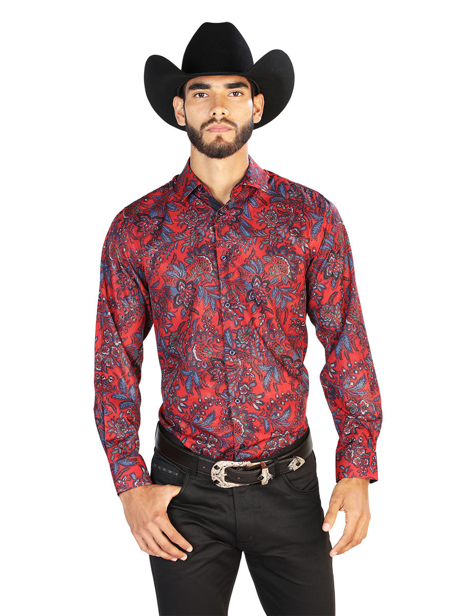 Camisa Vaquera Manga Larga Estampada Cachemir Rojo para Hombre 'El Señor de los Cielos' - ID: 43856 Camisas Estampadas El Señor de los Cielos Red