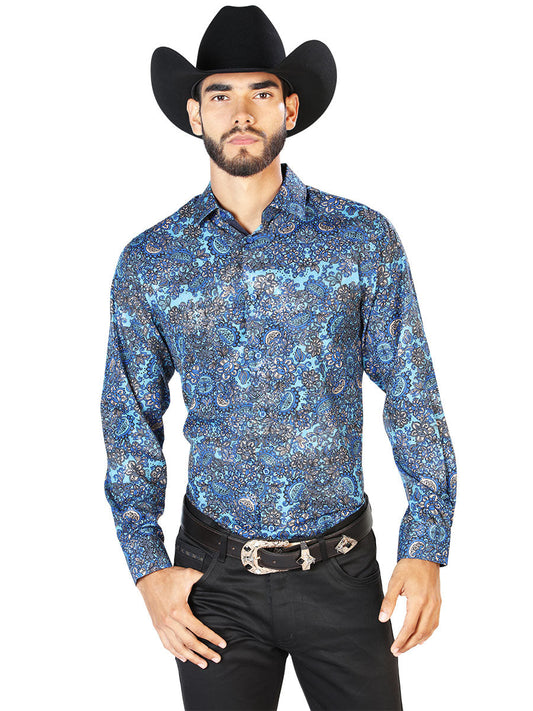 Camisa Vaquera Manga Larga Estampada Cachemir Azul para Hombre 'El Señor de los Cielos' - ID: 43859 Camisas Estampadas El Señor de los Cielos Blue