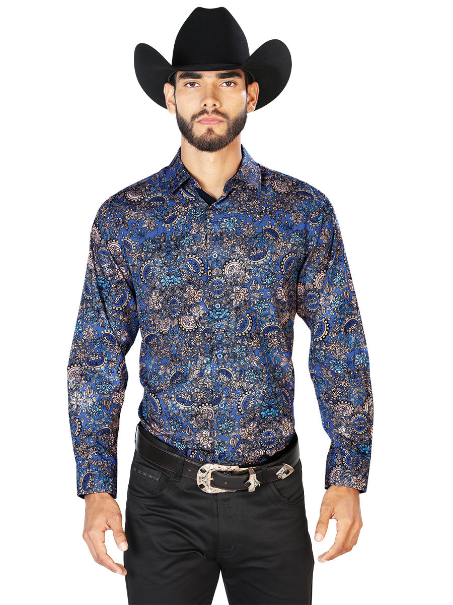 Camisa Vaquera Manga Larga Estampada Cachemir Azul Marino para Hombre 'El Señor de los Cielos' - ID: 43860 Camisas Estampadas El Señor de los Cielos 