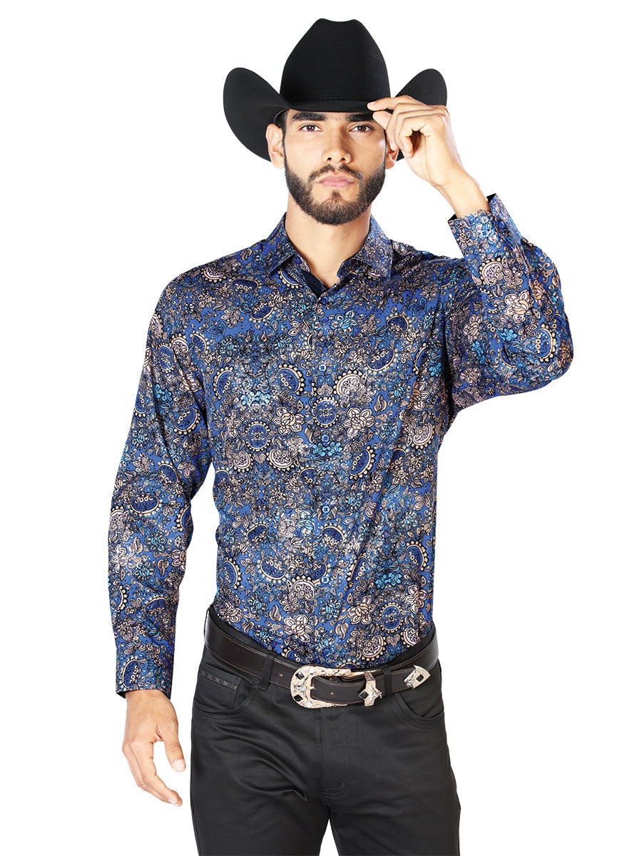 Camisa Vaquera Manga Larga Estampada Cachemir Azul Marino para Hombre 'El Señor de los Cielos' - ID: 43860 Camisas Estampadas El Señor de los Cielos 