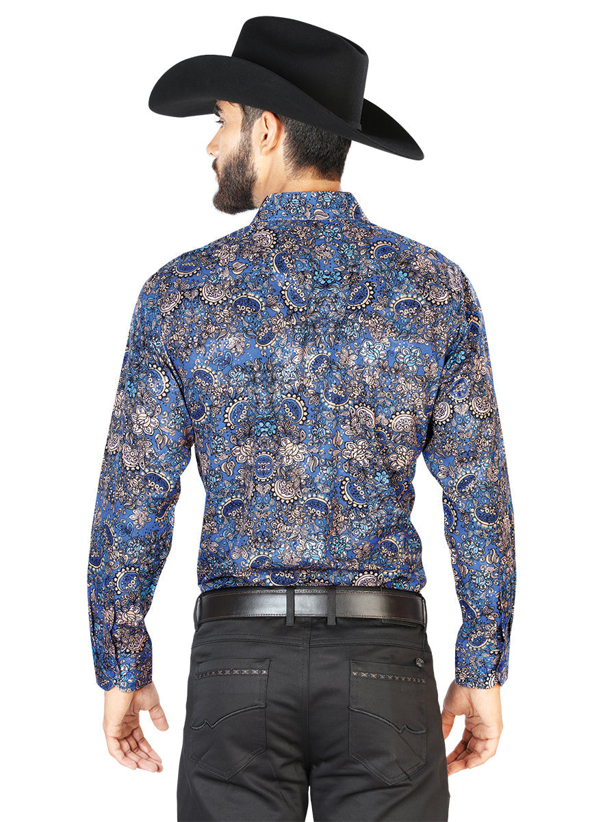 Camisa Vaquera Manga Larga Estampada Cachemir Azul Marino para Hombre 'El Señor de los Cielos' - ID: 43860 Camisas Estampadas El Señor de los Cielos 