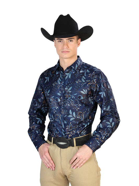 Camisa Vaquera Manga Larga Estampada Floral Marino para Hombre 'El Señor de los Cielos' - ID: 43870 Camisas Florales El Señor de los Cielos Navy