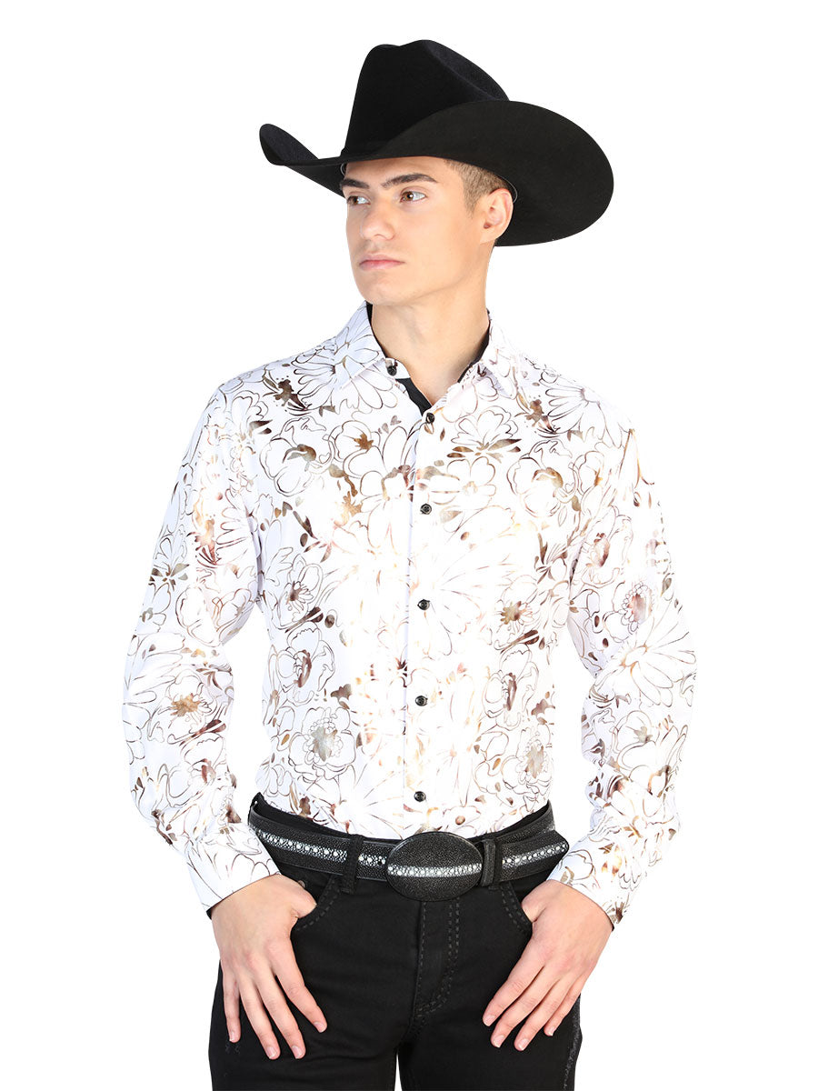 Camisa Vaquera Manga Larga Estampada Blanco para Hombre 'El Señor de los Cielos' - ID: 43876 Camisas Estampadas El Señor de los Cielos White