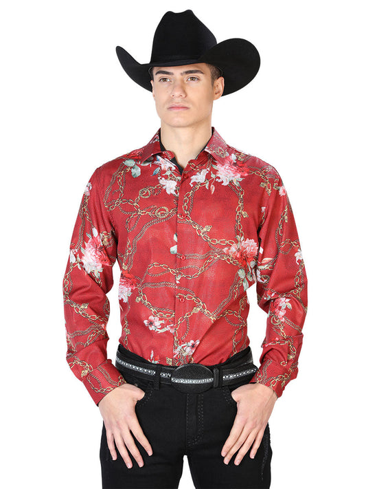 Camisa Vaquera Manga Larga Estampada Cadenas Vino para Hombre 'El Señor de los Cielos' - ID: 43879 Camisas Estampadas El Señor de los Cielos Wine