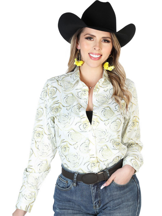 Camisa Vaquera Manga Larga Estampada Floral Marfil para Mujer 'El Señor de los Cielos' - ID: 43896 Camisas Florales El Señor de los Cielos 