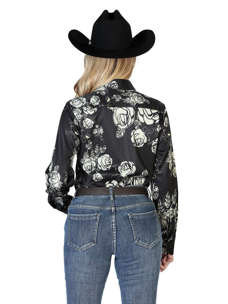 Camisa Vaquera Manga Larga Estampada Floral Negro para Mujer 'El Señor de los Cielos' - ID: 43899 Camisas Florales El Señor de los Cielos 