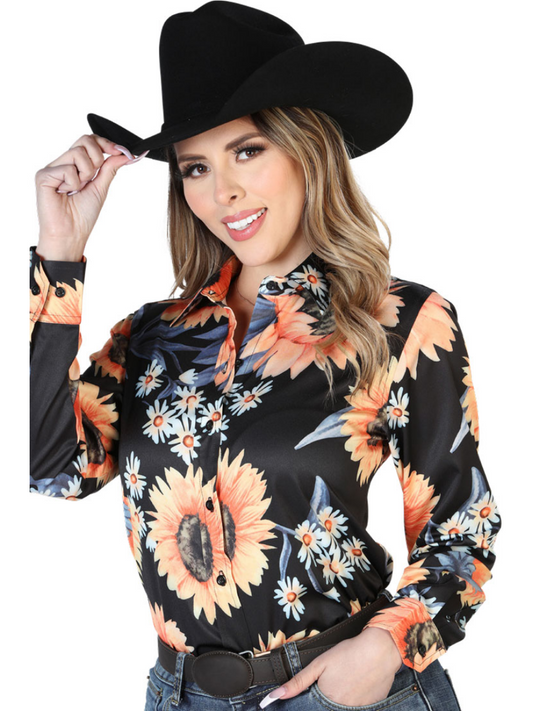 Camisa Vaquera Manga Larga Estampada Negro/Girasoles para Mujer 'El Señor de los Cielos' - ID: 43900 Camisas Florales El Señor de los Cielos 