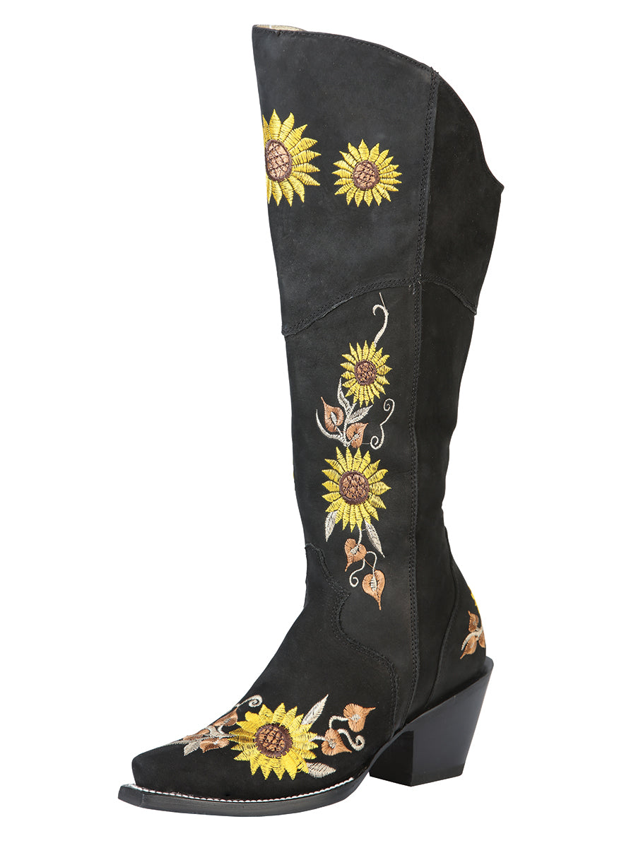 Botas Vaqueras Altas con Tubo Bordado de Girasoles de Piel Nobuck para Mujer 'El General' - ID: 43915 Botas Altas Piel Nobuck El General Negro