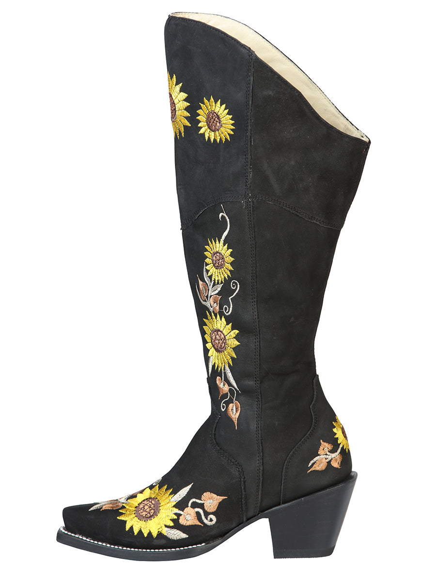 Botas Vaqueras Altas con Tubo Bordado de Girasoles de Piel Nobuck para Mujer 'El General' - ID: 43915 Botas Altas Piel Nobuck El General 