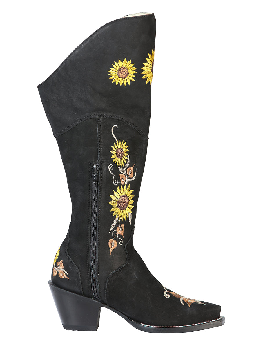 Botas Vaqueras Altas con Tubo Bordado de Girasoles de Piel Nobuck para Mujer 'El General' - ID: 43915 Botas Altas Piel Nobuck El General 